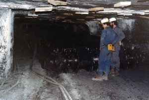 <b>Caption:</b>  Curt Lewman (left) and Steve Danner with continuous mining machine. Photo by John Nelson<br><b>Credit:</b>  Illinois State Geological Survey<br><b>Date:</b>  03/24/1981<br><b>Publication:</b>  Mine Notes<br>