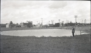 <b>Caption:</b>  Pond caused by subsidence at Westville, Vermilion County, where 6 feet of coal was removed by room-and-pillar mining at a depth of 210 feet. Levels at surface show maximum depth of sag to by 4.7 feet.<br><b>Credit:</b>  Illinois State Geological Survey<br><b>Date:</b>  Pre-1914<br><b>Publication:</b>  Fig. 30 Cooperative Bulletin 17 – Subsidence in Illinois<br><b>Library No.:</b>  M-813