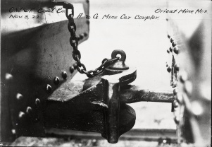 <b>Caption:</b>  Orient Mine No. 2. A. & G. mine car coupler<br><b>Credit:</b>  Ledvina Collection<br><b>Date:</b>  November 3, 1922<br>